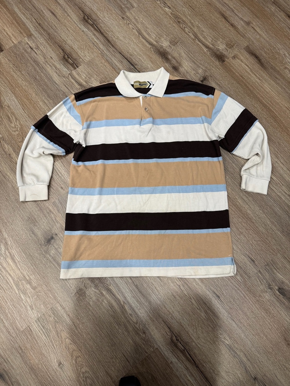 212 NYC Striped Long Sleeve Polo in Tan, Cream & Light Blue